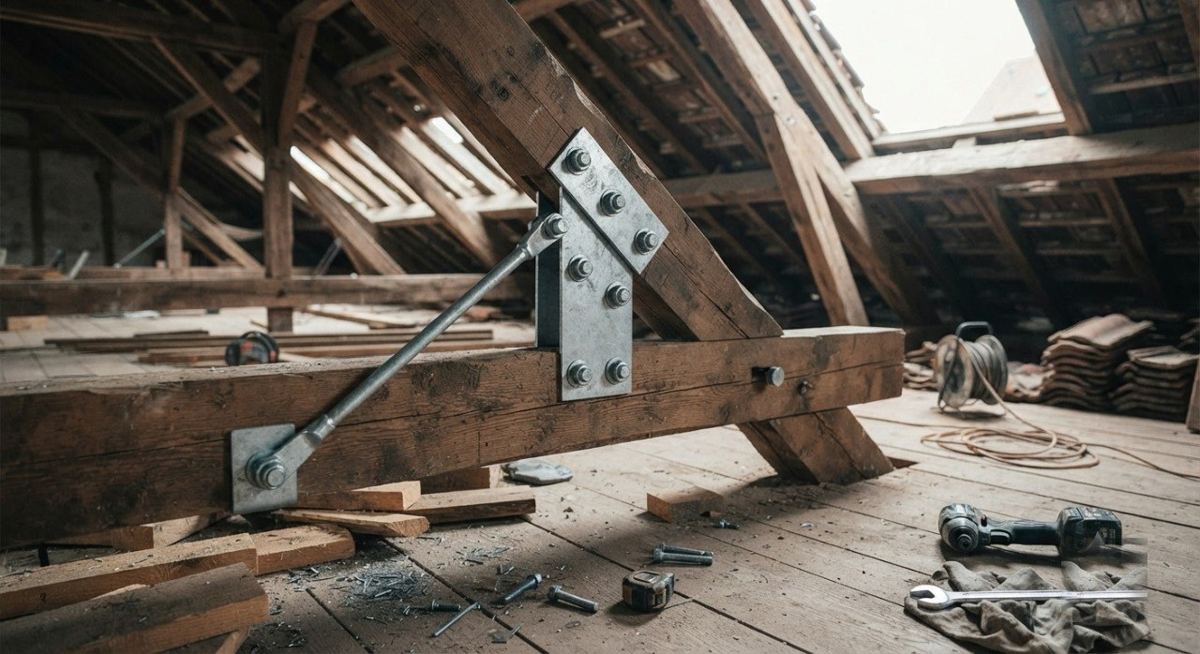 Poutre bois renforcée par une platine et un tirant métalliques