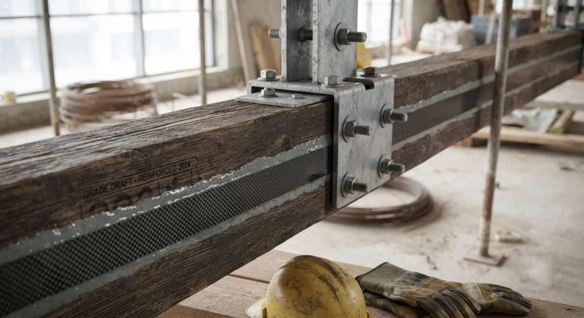 Poutre bois renforcée par un plat carbone et une équerre