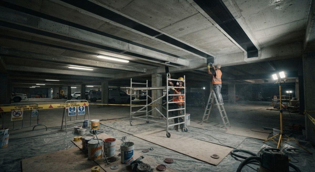 Pose de plats carbone sous des poutres béton dans un parking